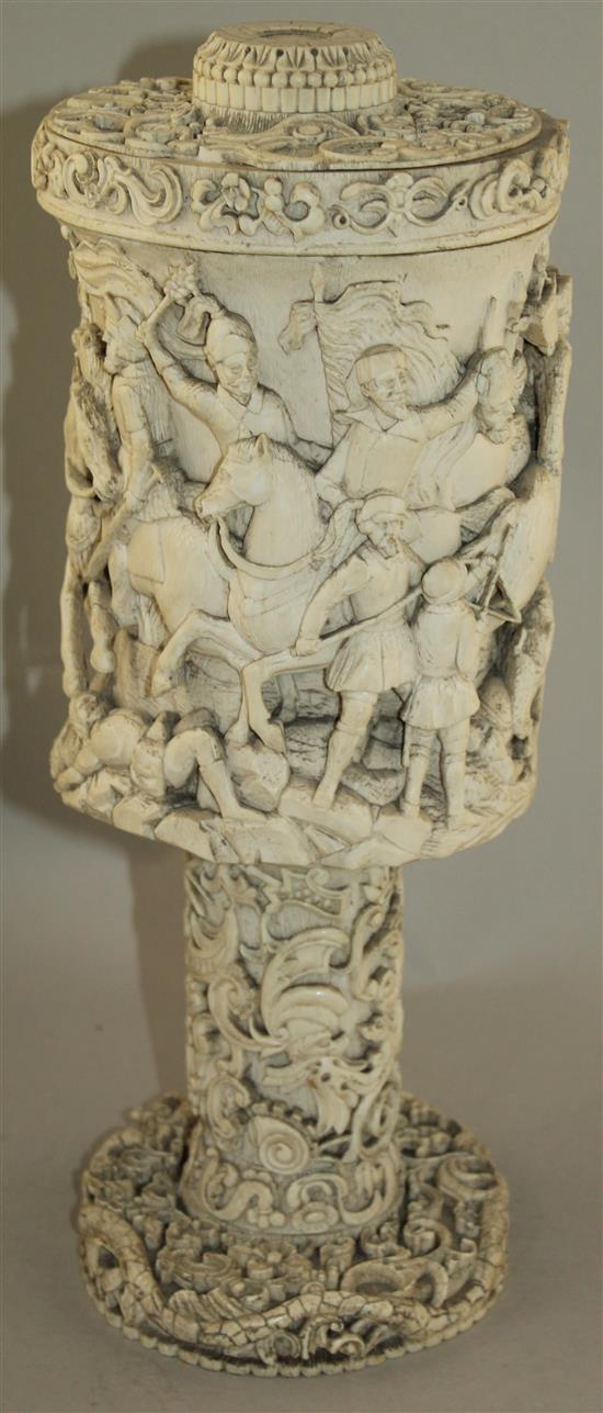 A large 19th century North European carved ivory vase and cover, probably German, 15in.